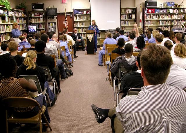 NASA image: KENNEDY SPACE CENTER, FLA. - Astronaut Kay Hire talks to students in Garland V. Stewart Magnet Middle School, a NASA Explorer School (NES) in Tampa, Fla.  She joined Center Director Jim Kennedy in sharing the agency’s new vision for space exploration with the next generation of explorers. Kennedy is talking with students about our destiny as explorers, NASA’s stepping stone approach to exploring Earth, the Moon, Mars and beyond, how space impacts our lives, and how people and machines rely on each other in space.