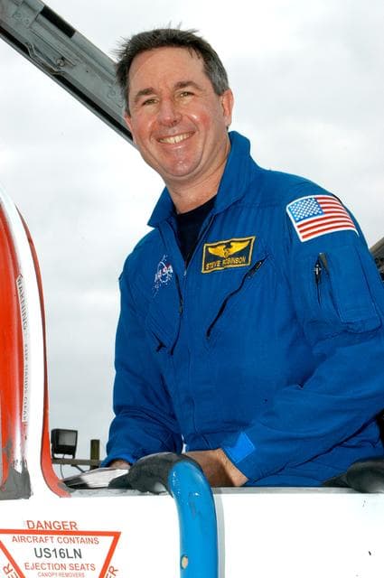 NASA image: KENNEDY SPACE CENTER, FLA. - STS-114 Mission Specialist Stephen Robinson arrives at KSC aboard a T-38 jet aircraft.  He and other crew members are at the Center for familiarization activities with equipment.   The mission is Logistics Flight 1, scheduled to deliver the Multi-Purpose Logistics Module carrying supplies and equipment to the Space Station and the external stowage platform.