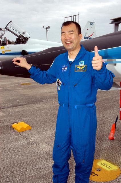 NASA image: KENNEDY SPACE CENTER, FLA. - STS-114 Mission Specialist Soichi Noguchi is happy to be back at KSC after arriving aboard a T-38 jet aircraft.  He and other crew members are at the Center for familiarization activities with equipment.   The mission is Logistics Flight 1, scheduled to deliver the Multi-Purpose Logistics Module carrying supplies and equipment to the Space Station and the external stowage platform.