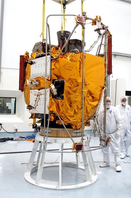 NASA image: KENNEDY SPACE CENTER, FLA. -  At the Astrotech Space Operations processing facilities, NASA’s MESSENGER spacecraft is secure after transfer to the work stand. There employees of the Johns Hopkins University Applied Physics Laboratory, builders of the spacecraft, will perform an initial state-of-health check.  Then processing for launch can begin, including checkout of the power systems, communications systems and control systems.  The thermal blankets will also be attached for flight.  MESSENGER - short for MErcury Surface, Space ENvironment, GEochemistry and Ranging - will be launched May 11 on a six-year mission aboard a Boeing Delta II rocket.  Liftoff is targeted for 2:26 a.m. EDT on Tuesday, May 11.