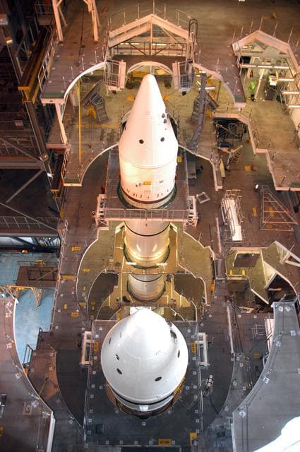 NASA image: Shuttle Boosters stacked in the VAB