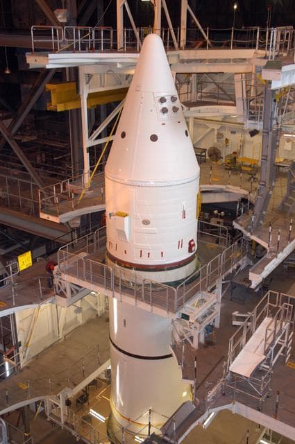 NASA image: Shuttle Boosters stacked in the VAB