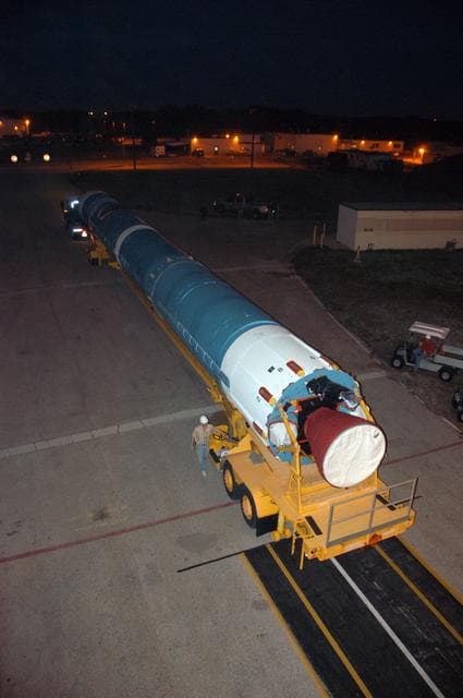 NASA image: Delta II First stage lift for THEMIS payload at complex 17B