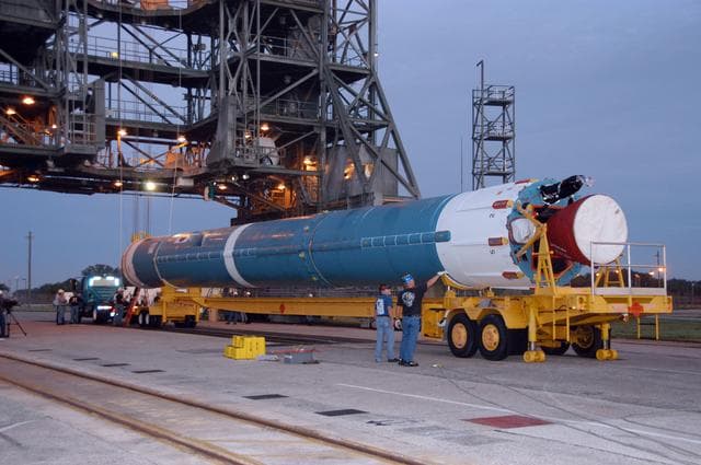 NASA image: Delta II First stage lift for THEMIS payload at complex 17B
