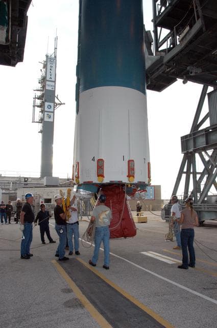 NASA image: Delta II First stage lift for THEMIS payload at complex 17B