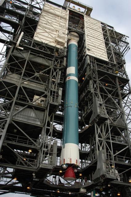 NASA image: Delta II First stage lift for THEMIS payload at complex 17B