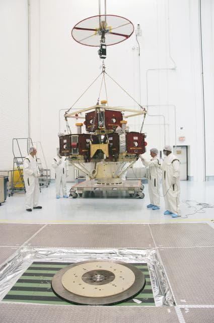NASA image: Moving THEMIS to a spin table for testing at Astrotech