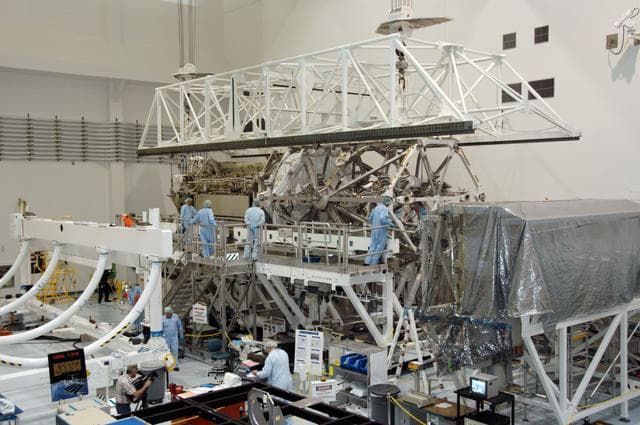 NASA image: S3/S4 Integrated Truss being moved into the Space Shuttle Payloa