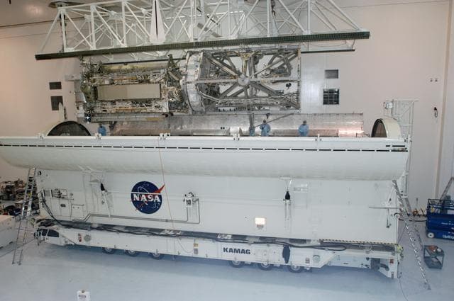 NASA image: S3/S4 Integrated Truss being moved into the Space Shuttle Payloa