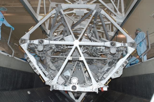 NASA image: S3/S4 Integrated Truss being moved into the Space Shuttle Payloa