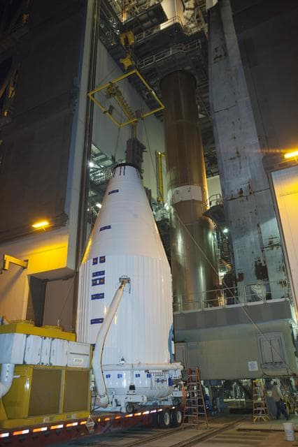 NASA image: TDRS-L spacecraft lift to mate on Atlas V