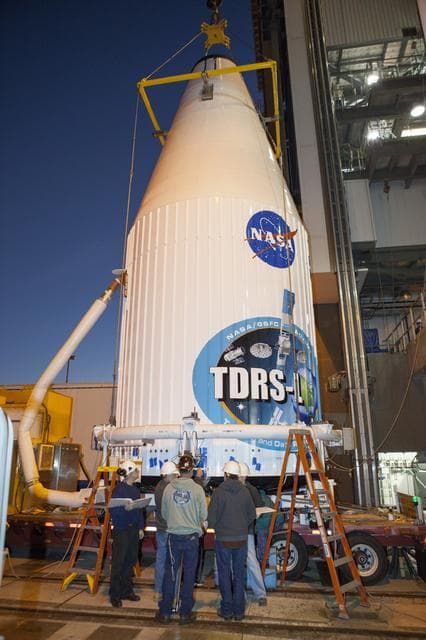 NASA image: TDRS-L spacecraft lift to mate on Atlas V