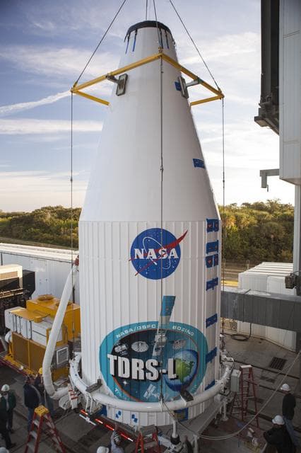 NASA image: TDRS-L spacecraft lift to mate on Atlas V
