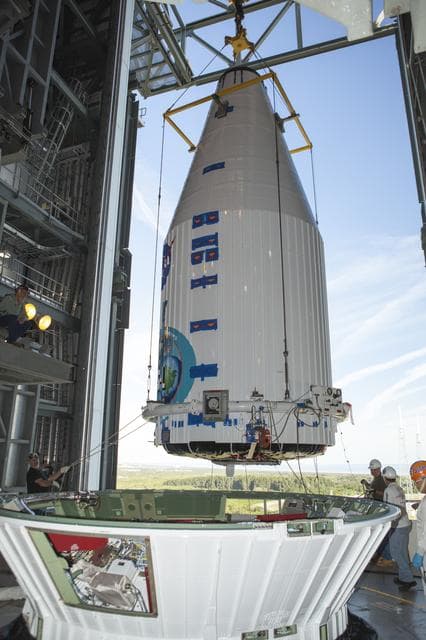 NASA image: TDRS-L spacecraft lift to mate on Atlas V