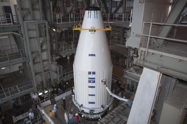NASA image: TDRS-L spacecraft lift to mate on Atlas V
