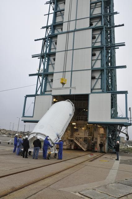 NASA image: OCO-2: Hoisting the Fairing Halves up the MST