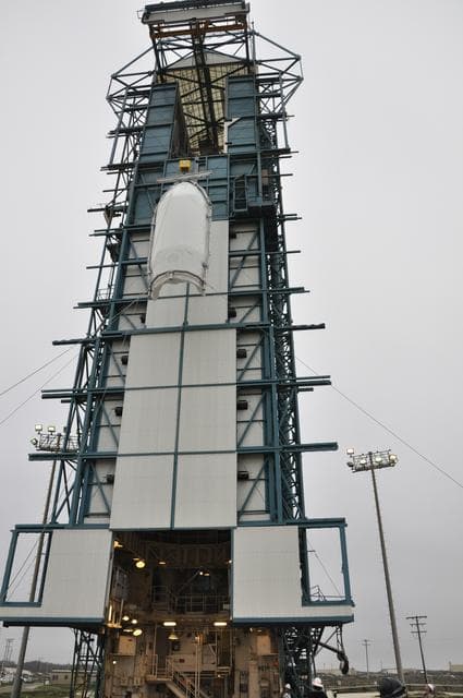 NASA image: OCO-2: Hoisting the Fairing Halves up the MST