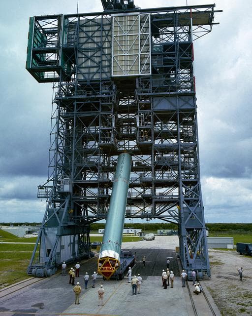 NASA image: Erection of Delta Vehicle for SYMPHONIE-B Mission.
