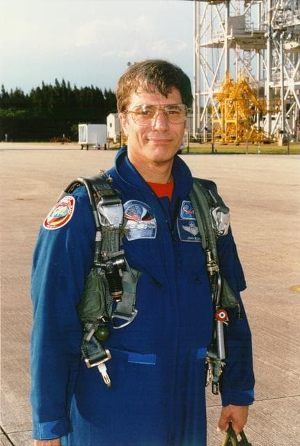 KENNEDY SPACE CENTER, FLA. -  STS-79 Mission Specialist John E. Blaha  arrives at KSC's Shuttle Landing Facility with five fellow astronauts, ready to participate in the Terminal Countdown Demonstration Test (TCDT).  The TCDT is a dress rehearsal for launch for the flight crew and launch team.  Over the next several days, the astronauts will take part in training exercises at the launch pad that will culminate in a simulated launch countdown.  The Space Shuttle Atlantis is being prepared for liftoff around Sept. 12 on STS-79, the fourth docking between the U.S. Shuttle and Russian Space Station Mir. During the approximately nine-day flight, Blaha will change places with fellow spaceflight veteran Shannon Lucid, who is wrapping up a record-setting stay on Mir.  Blaha will remain aboard the Station for about four months, returning to Earth in January 1997 withthe crew of Shuttle Mission STS-81.