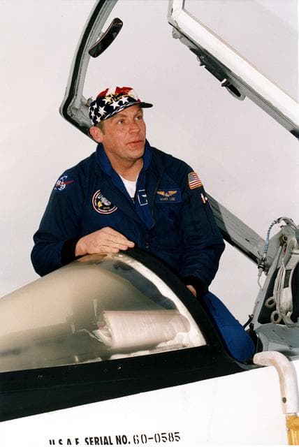 NASA image: KENNEDY SPACE CENTER, FLA. -  STS-82 Payload Commander Mark C. Lee prepares to step down from the T-38 jet he flew from an air field serving the astronauts' home base at Johnson Space Center, Houston, Texas, to KSC's Shuttle Landing Facility.  Lee and the other six members of the STS-82 crew will spend the last few days before launch at KSC.  STS-82 is scheduled for liftoff on Feb. 11 during a 65-minute launch window that opens at 3:56 a.m. EST.  The 10-day flight aboard the Space Shuttle Discovery will be the second Hubble Space Telescope (HST) servicing mission.