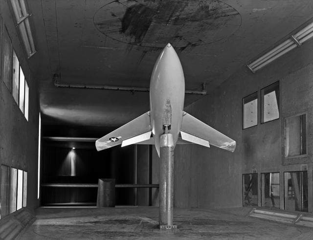 NASA image: Bell X-1 Research Model on Single Support Strut in 7 x 10 Foot Wind Tunnel