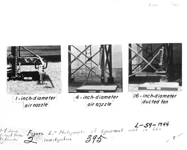 NASA image: Image for NASA Document NASA-TN-D-56. Equipment Used In Investigation. Document Title:  An investigation to determine conditions under which downwash from VTOL aircraft will start surface erosion from various types of terrain  Figure 2. Equipment Used In Investigation 