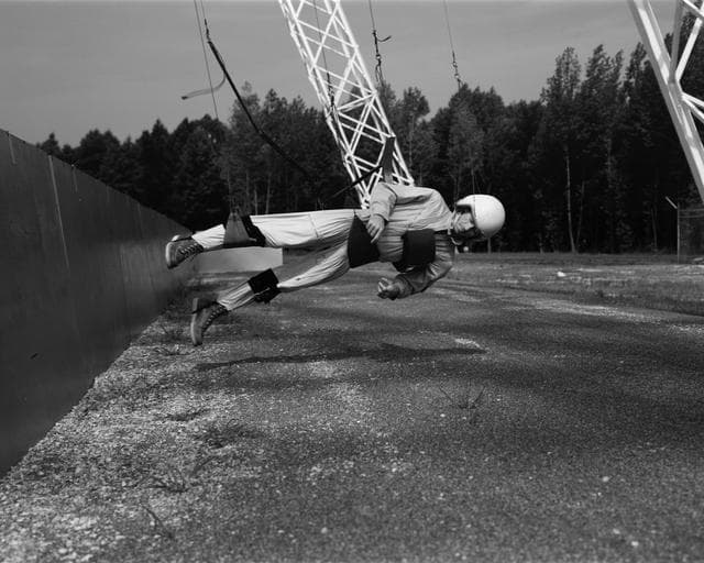 NASA image: Astronaut Walt Cunningham on the Reduced Gravity Walking Simulator
