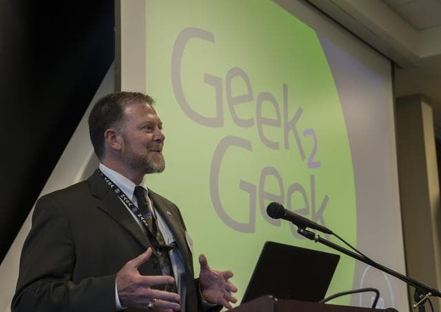 NASA image: Kent Criswell speaks at Geek @ Geek event at Aegis Technologies