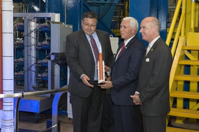 NASA image: Marshall Center Director Todd May Presents Vice President Mike Pence With Space Launch System Model