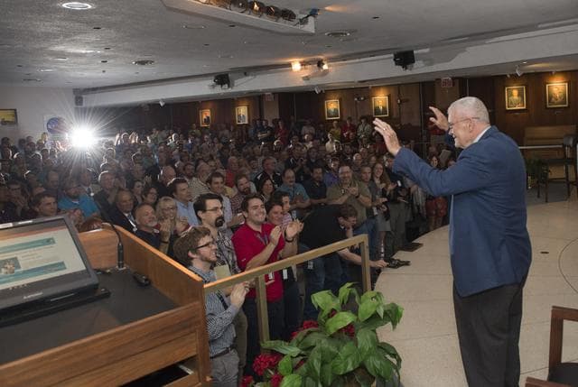 NASA image: Apollo 13 astronaut Fred Haise addreses the Marshall workforce