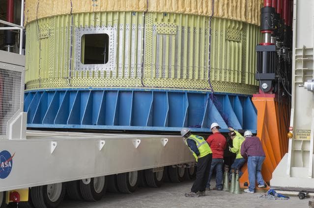 SLS Intertank Test Article, ITA, is attached to crosshead of loa