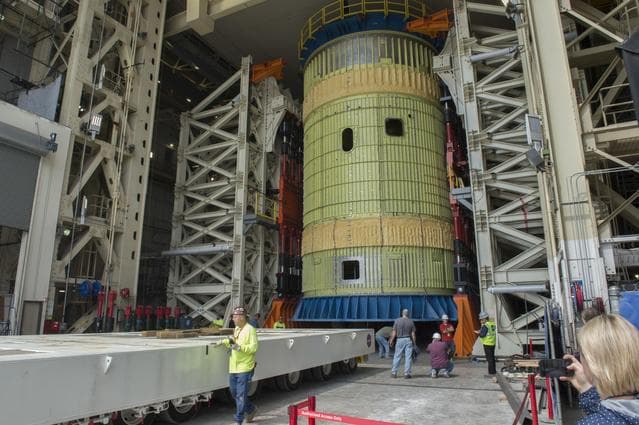 SLS Intertank Test Article, ITA, is attached to crosshead of loa