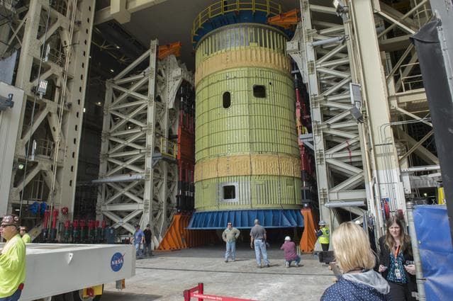 NASA image: SLS Intertank Test Article, ITA, is attached to crosshead of loa
