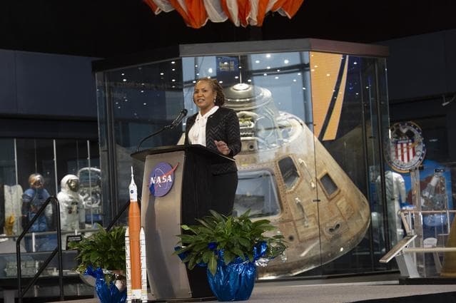 NASA image: Monica Manning, assistant administrator of NASA’s Office of Procurement, addresses a crowd of nearly 900 industry leaders from 33 states at the 29th Marshall Small Business Alliance meeting Feb. 20 at the U.S. Space & Rocket Center. Manning introduced a new model for managing mission support for the agency, with the intent to align and simplify processes.