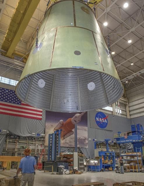 The Launch Vehicle Stage Adapter (LVSA) is Lifted Prior to Trans