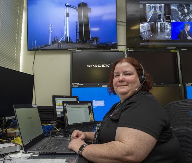 NASA image: Miranda Holton and teams at NASA’s Marshall Space Flight Center help monitor launch conditions for the Demo-2 mission from the Huntsville Operations Support Center, HOSC.