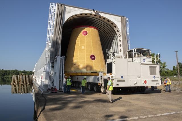 NASA image: The Launch Vehicle Stage Adapter (LVSA) is Moved to and Loaded Onto the NASA Barge Pegasus for Transport