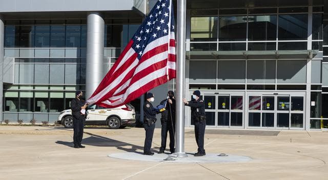 NASA image: NASA Marshall Raises Flag at New Headquarters Building