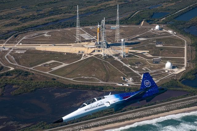NASA image: Administrator Isaacman and Secretary Hegseth Fly Over Kennedy