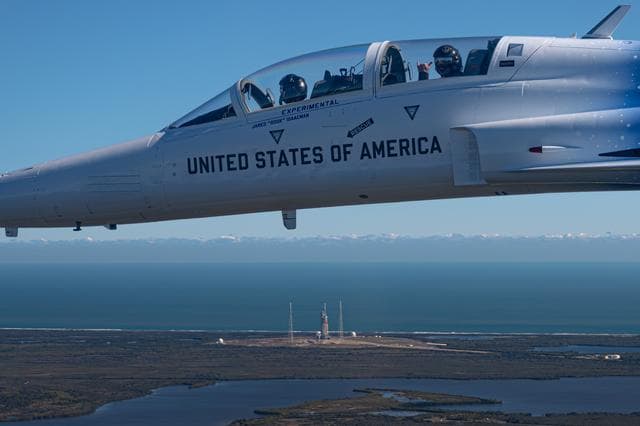NASA image: Administrator Isaacman and Secretary Hegseth Fly Over Kennedy