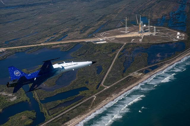 NASA image: Administrator Isaacman and Secretary Hegseth Fly Over Kennedy