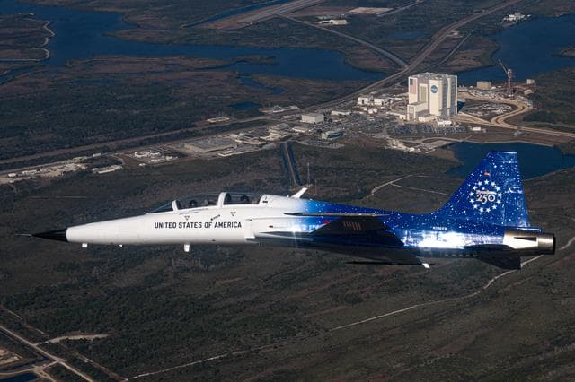 NASA image: Administrator Isaacman and Secretary Hegseth Fly Over Kennedy