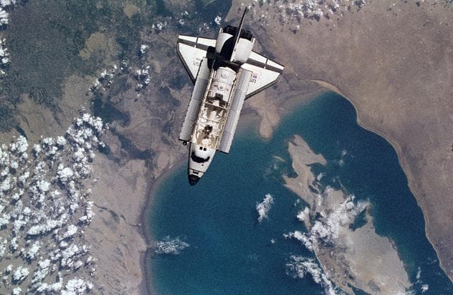 NASA image: Space shuttle Atlantis preparing to dock with Mir space station