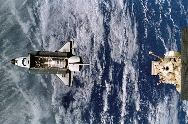 NASA image: Space shuttle Atlantis preparing to dock with Mir space station