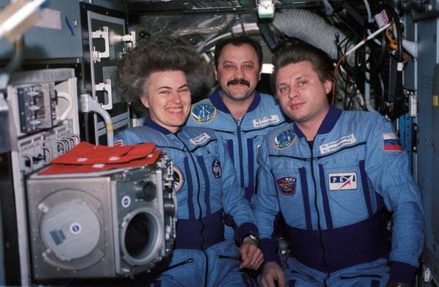 NASA image: Mir 21 crew portrait in Base Block and Priroda