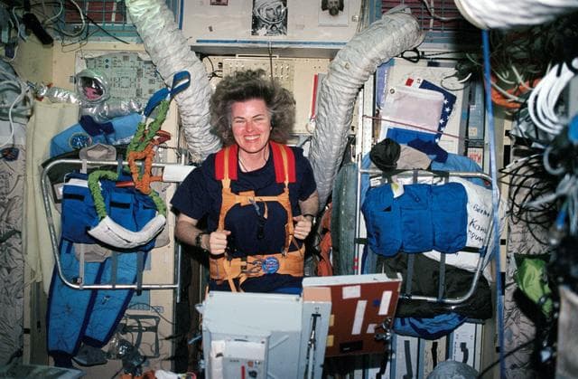 NASA image: Astronaut Lucid on treadmill in the Base Block module