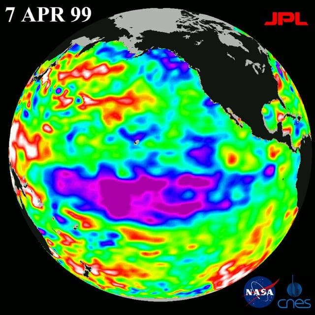 NASA image: TOPEX El Niño/La Niña -La Niña Begins to Fade, April 7, 1999