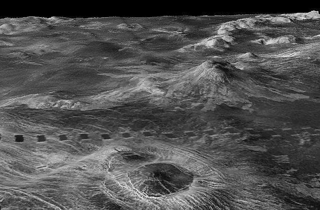 NASA image: Three-dimensional perspective views of Venusian Terrains composed of reduced resolution left-looking synthetic-aperture radar images merged with altimetry data from the Magellan spacecraft.