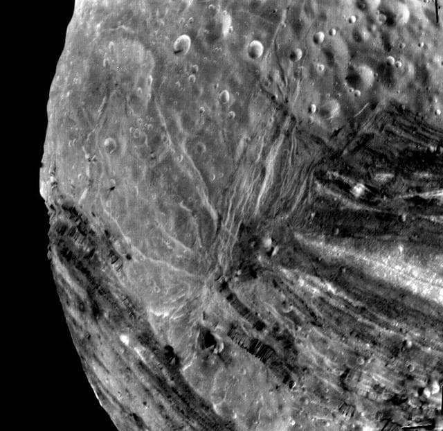 NASA image: Miranda Fractures, Grooves and Craters