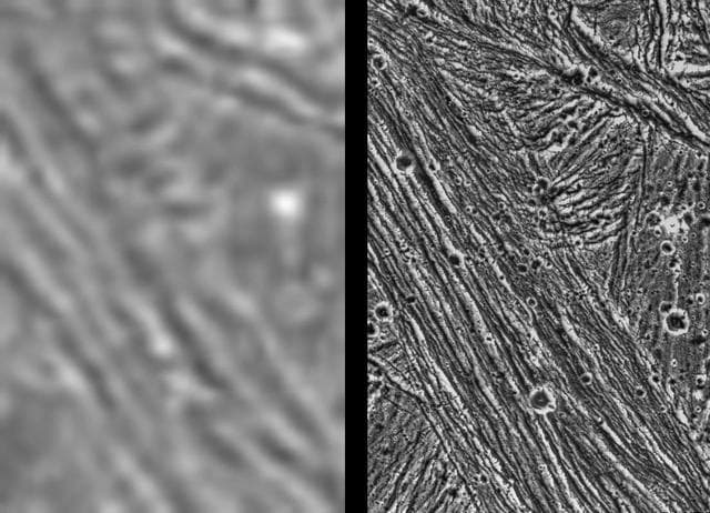 NASA image: Ganymede - Comparison of Voyager and Galileo Resolution